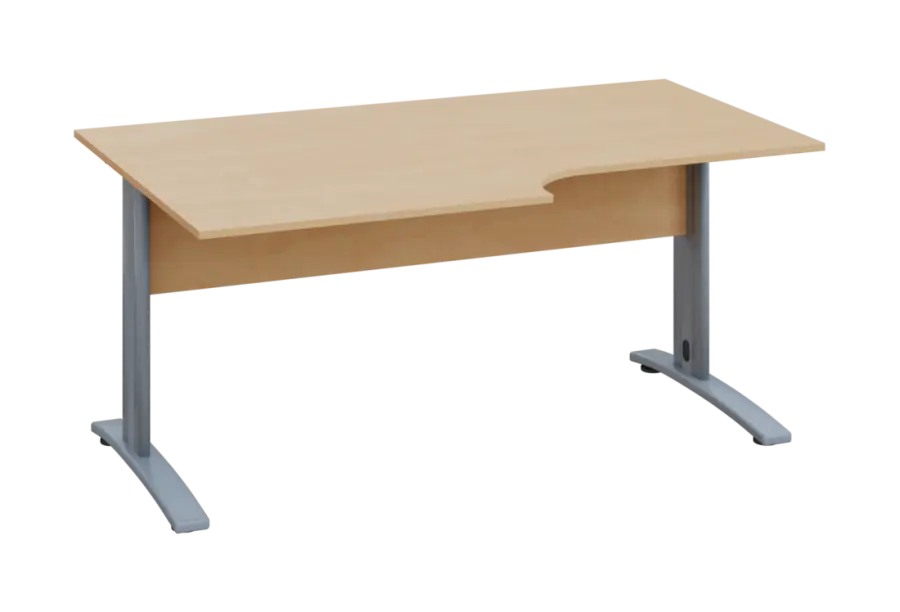 ERK 28 - 168 stůl kancelářský, rohový, levý, kovová podnož stříbrná, deska 25 mm, široký 1600 mm, bříza irská